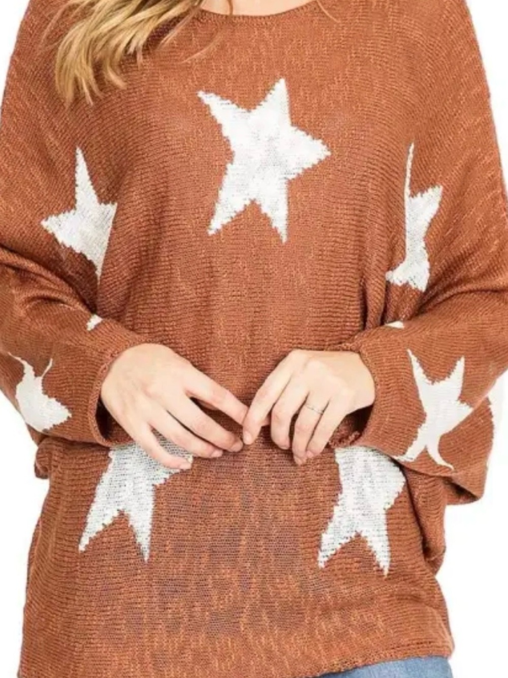 Wishlist Rust Star Intarsia Crewneck Sweater